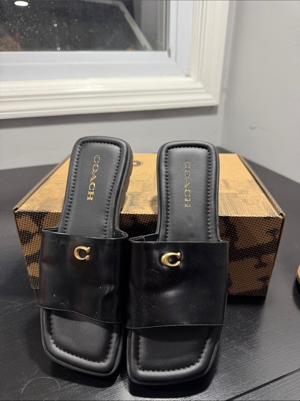 Coach Black Leather Slide Sandals with Gold Accent - Picture 3 of 5